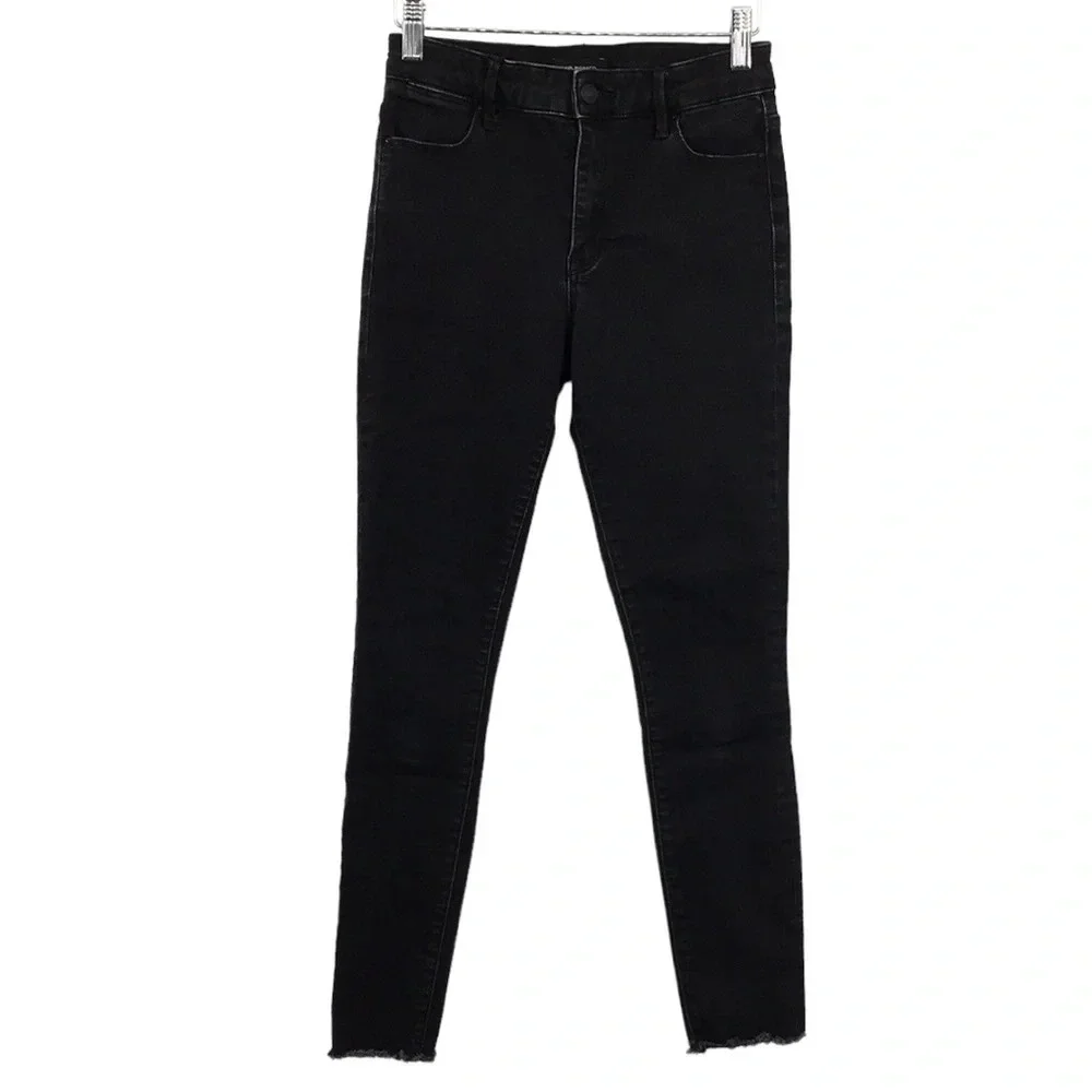 Club Monaco‎ High Rise Skinny Jeans Womens 26 Black Raw Hem Cotton Denim Ankle